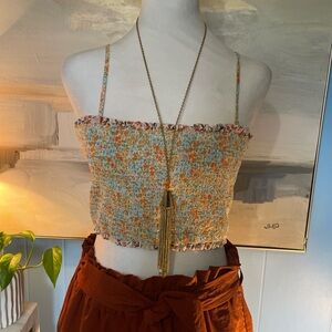 American Eagle Outfitters Floral Smocked Crop Top in Orange, Blue, and White